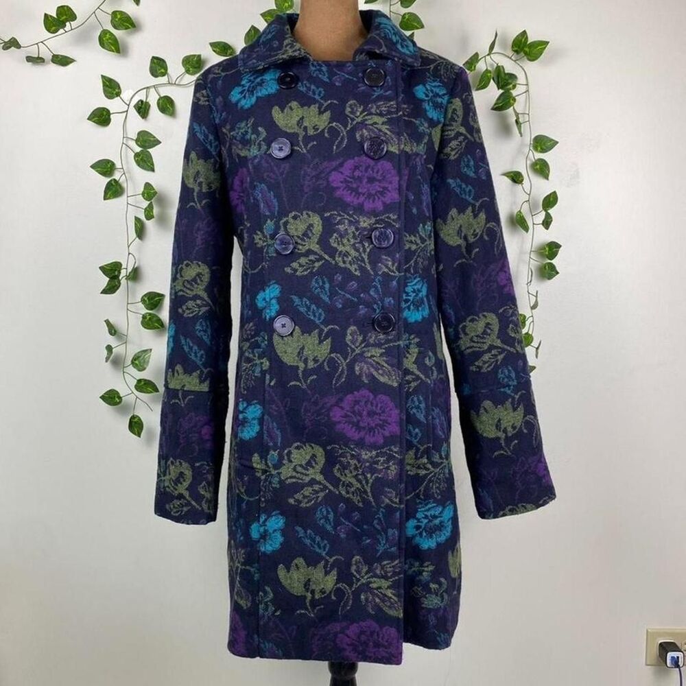 Merona floral print tapestry trench coat double breasted long dark cottage fairy